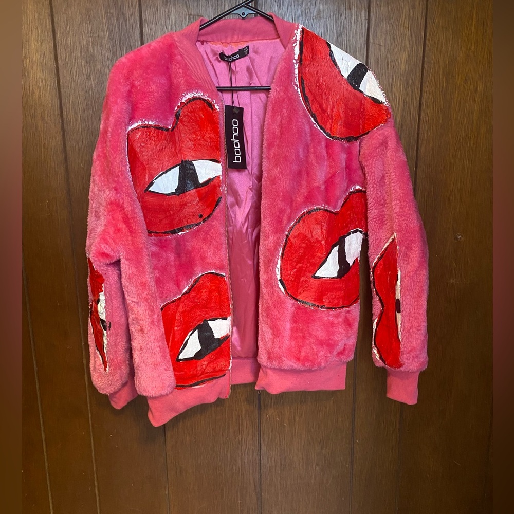 Custom Boohoo Pink and Red Graphic Bomber Jacket